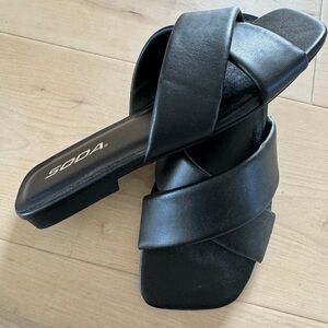 Size 6,only worn once for a shoot,SODA black sandal slip ons.Like new condition!